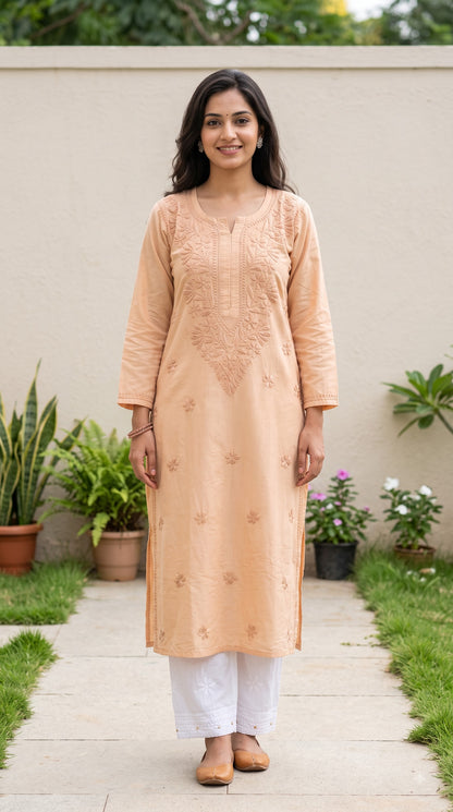 Chanderi Chikankari Solid Women's Long Kurta - Beige