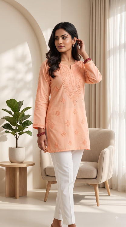 Chanderi Chikankari Solid Women's Short Kurta - Peach
