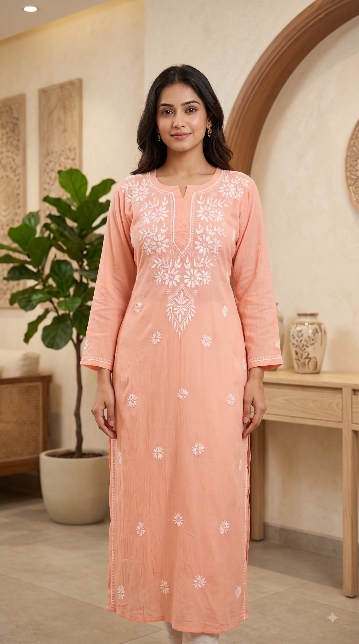 Modal Chikankari Women's Long Kurta - Peach
