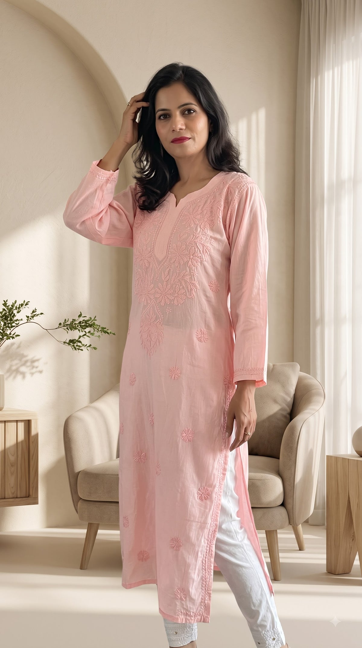 Modal Chikankari Women's Long Kurta - Peach