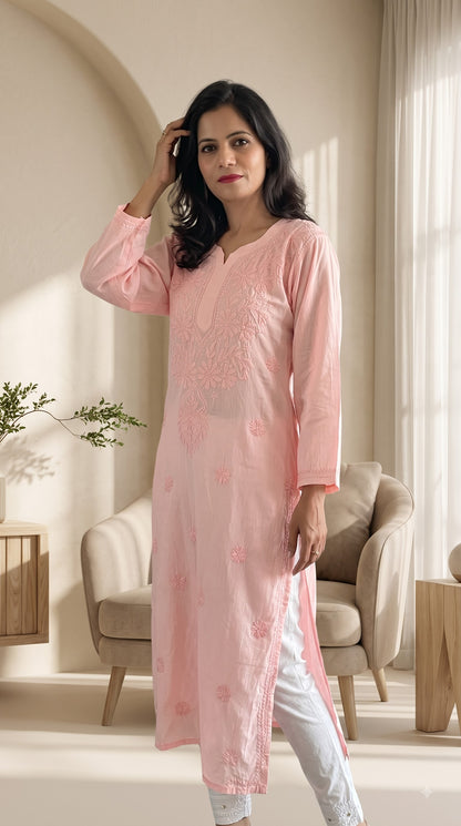 Modal Chikankari Women's Long Kurta - Peach
