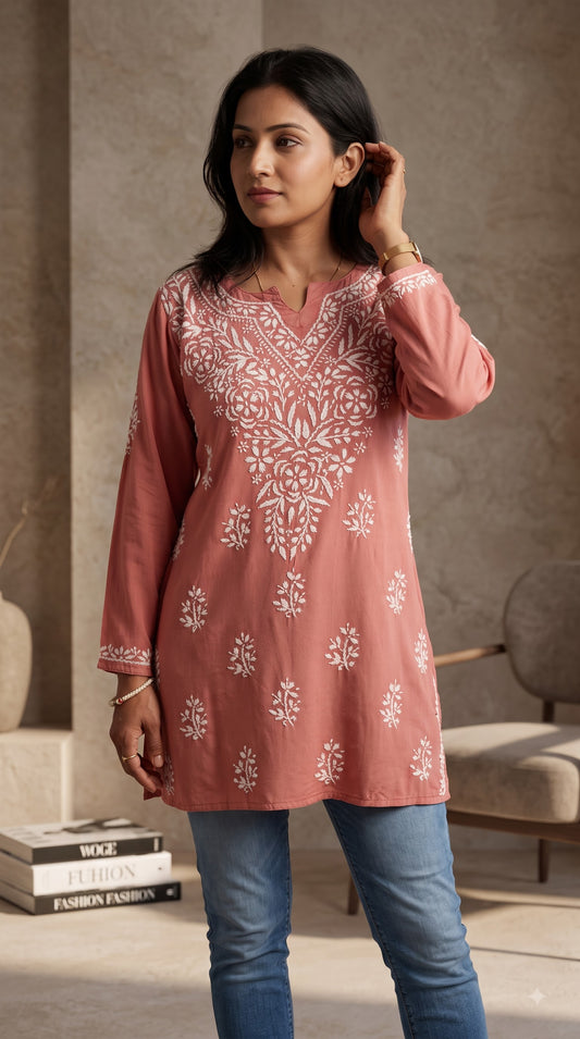 Rayon Chikankari Women's Short Kurta - Peach