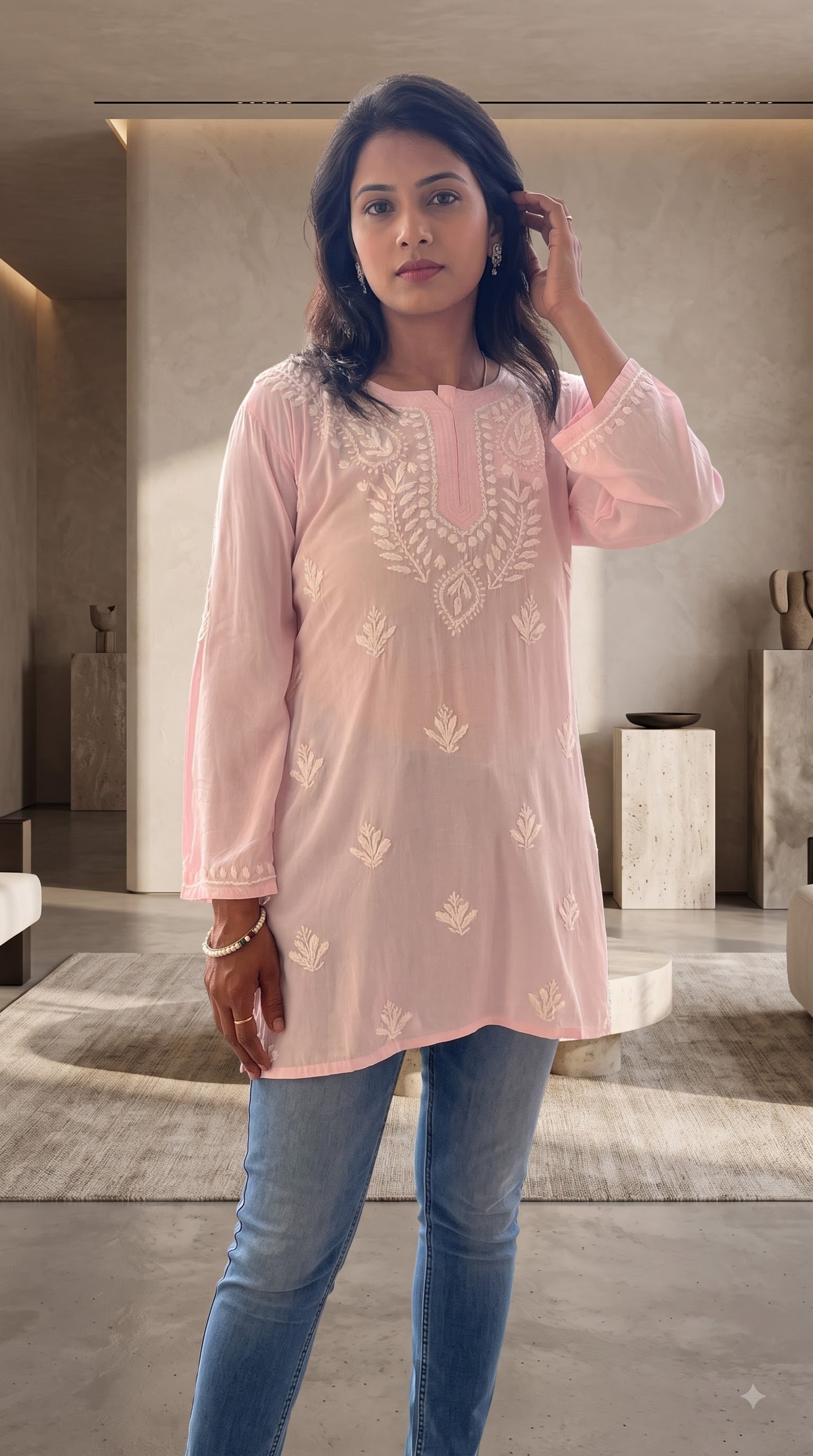 Modal Chikankari Women's Short Kurta - Pink
