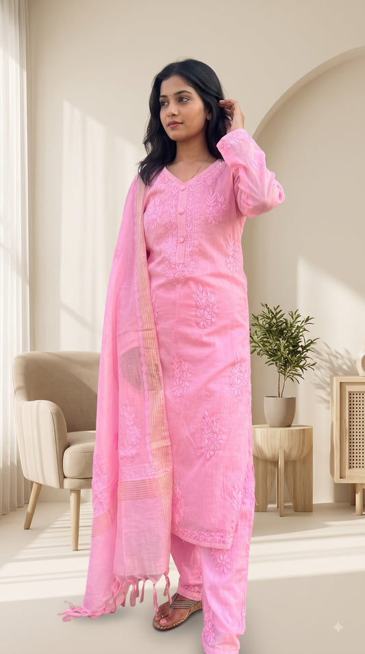 Mul Chanderi 4PC Heavy Chikankari Suit with Mukesh - Pink