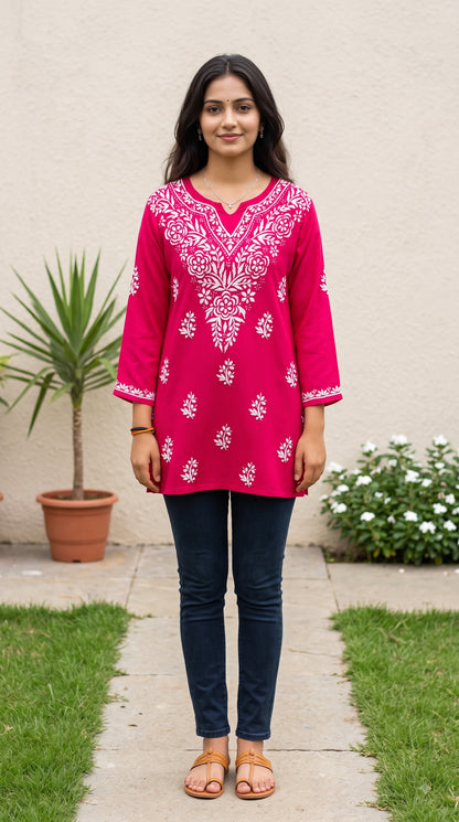 Rayon Chikankari Women's Short Kurta - Pink