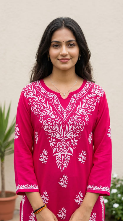 Rayon Chikankari Women's Short Kurta - Pink