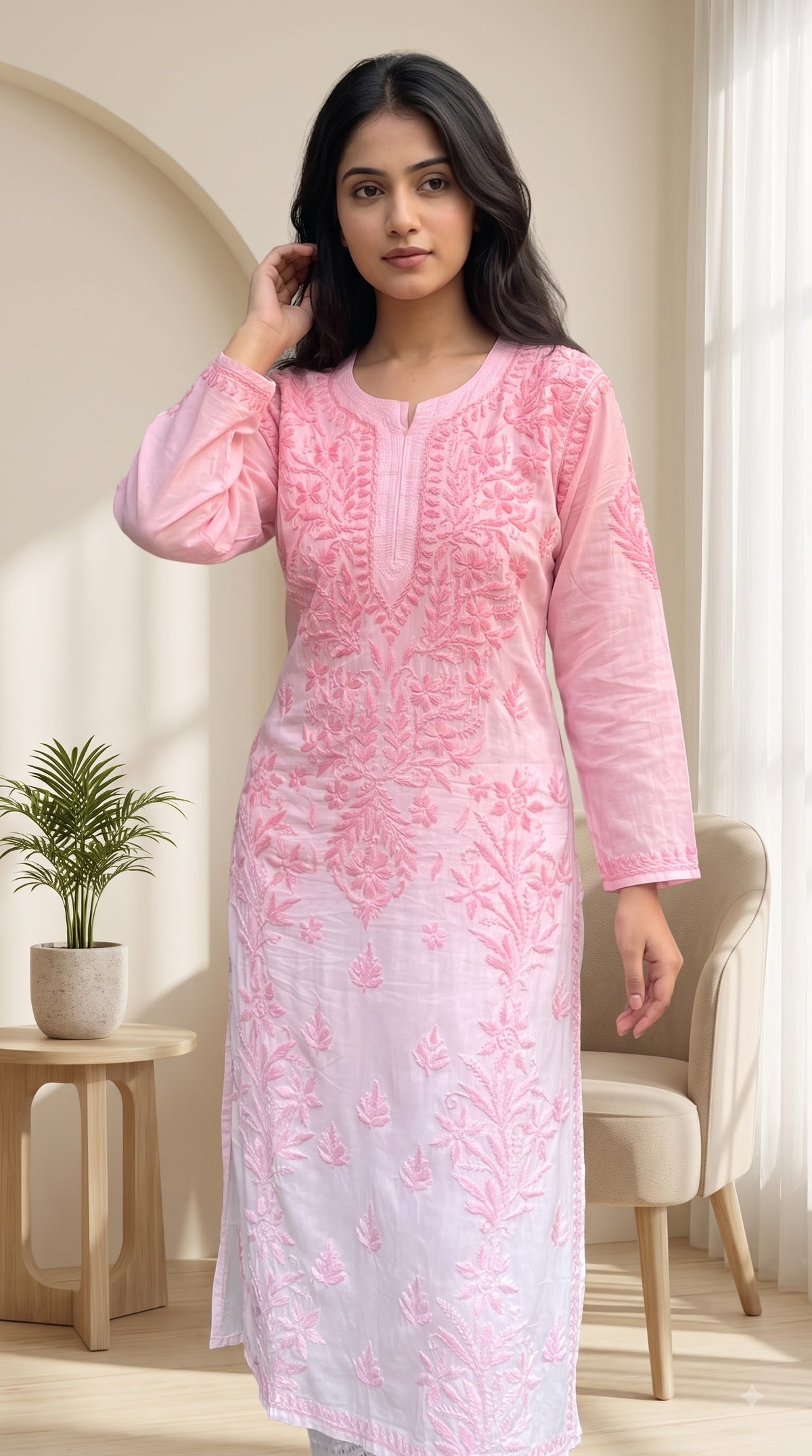 Modal 3D Chikankari Long Kurta - Ombre Pink