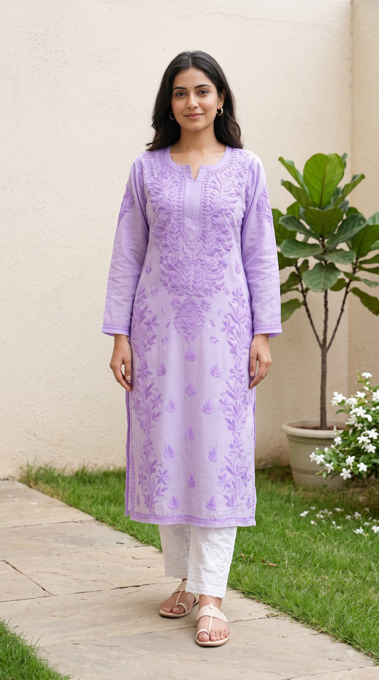 Modal 3D Chikankari  Long Kurta - Ombre Lavender