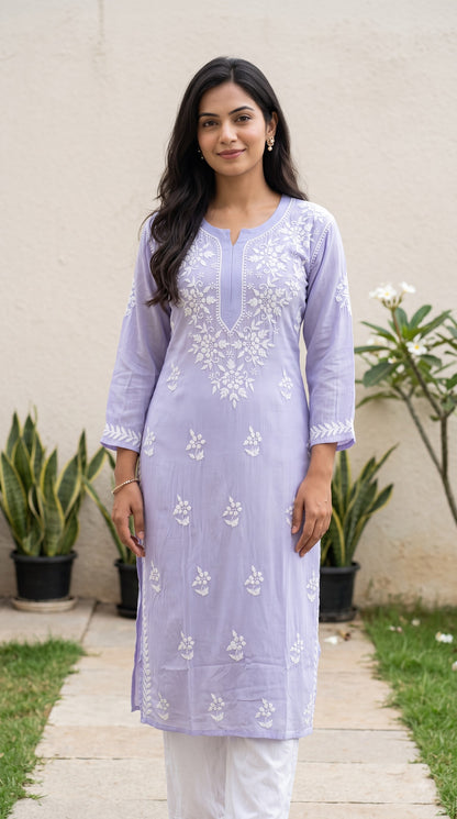 Modal Chikankari Women's  Long Kurta - Lavender