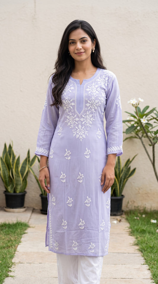 Modal Chikankari Women's  Long Kurta - Lavender
