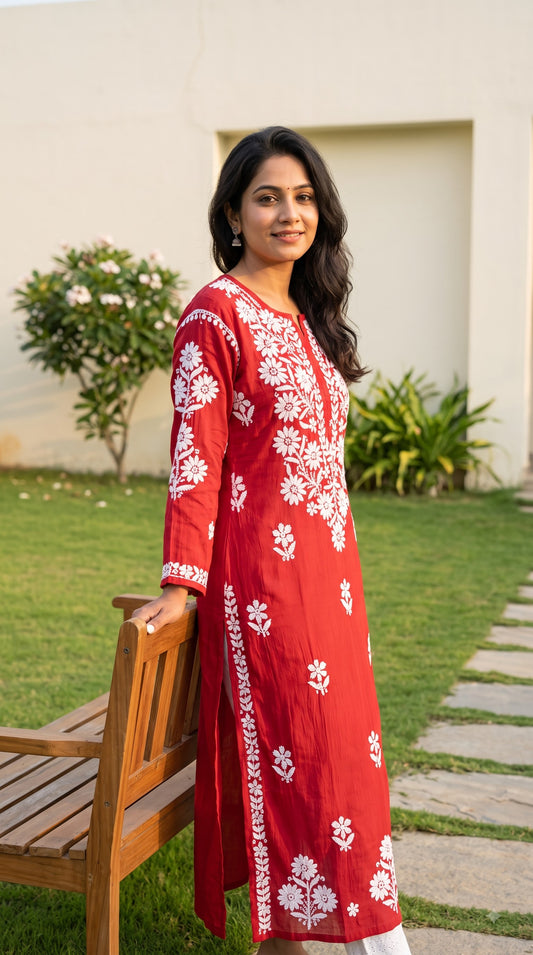 Modal 3D Chikankari Women's Long Kurta - Red