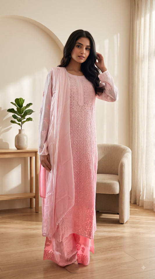 Viscose katdana 4PC Heavy Chikankari Suit Set - Ombre Peach