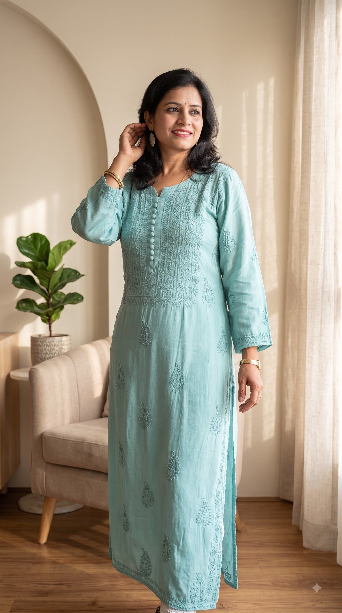 Muslin Chikankari Solid Women's Long Kurta - Green