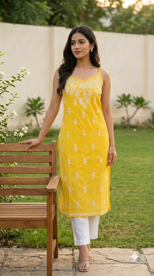 Rayon Sleeveless Chikankari Long Kurta - Yellow