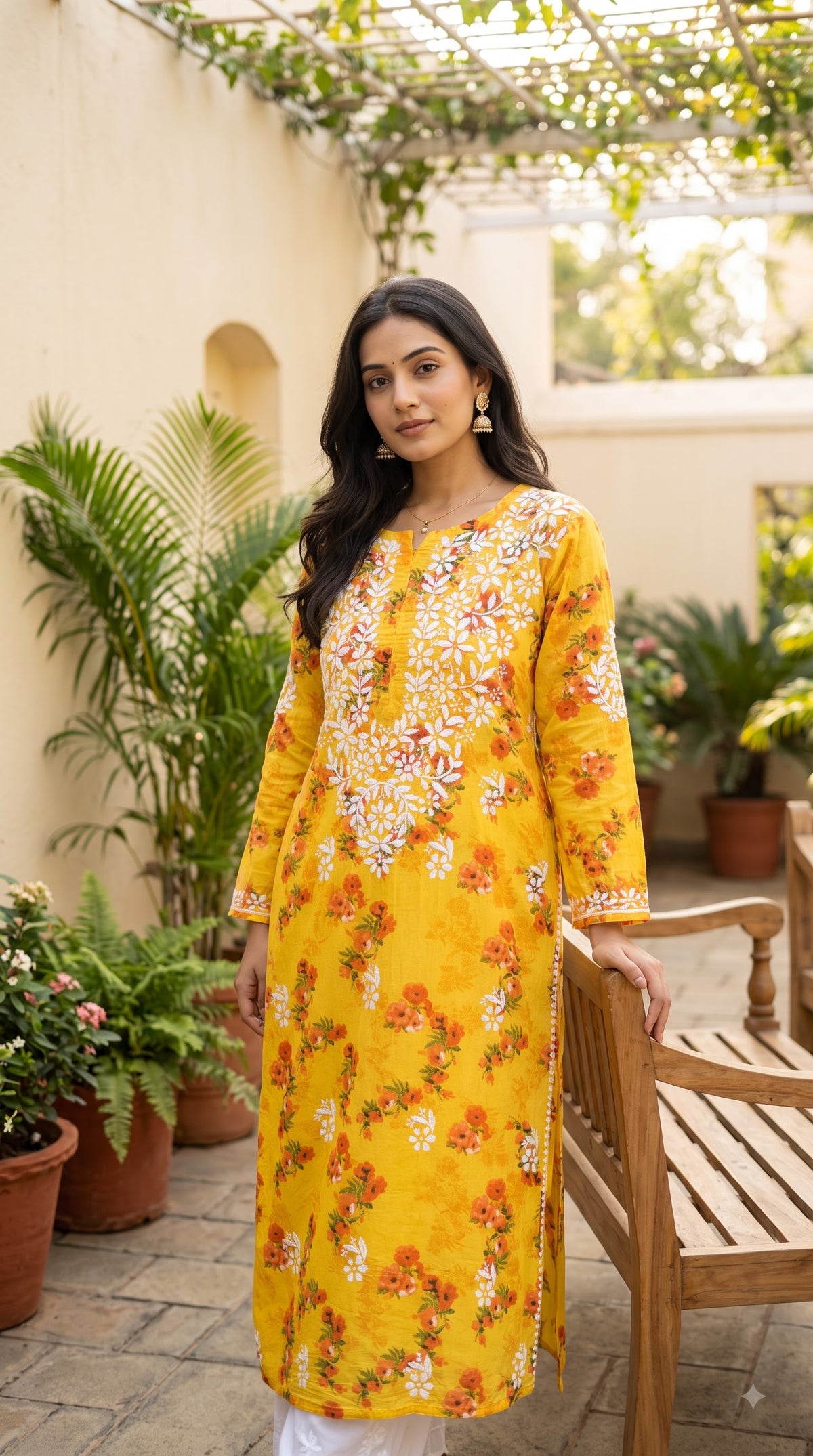 Mul Cotton Chikankari Printed Women's Long Kurta - Yellow