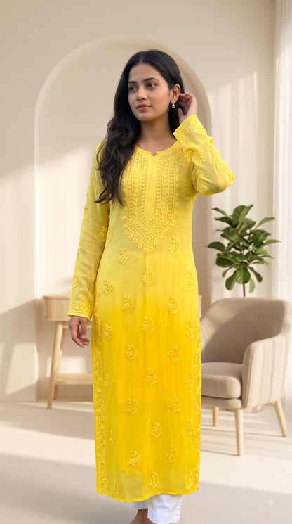 Viscose 3D Heavy Chikankari Long kurta - Ombre Yellow