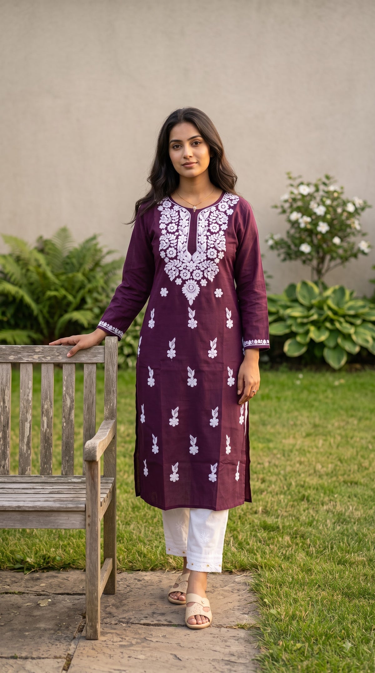 Cotton Chikankari Women's Long kurta - Wine