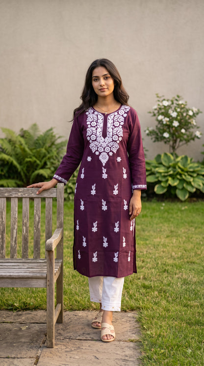 Cotton Chikankari Women's Long kurta - Wine