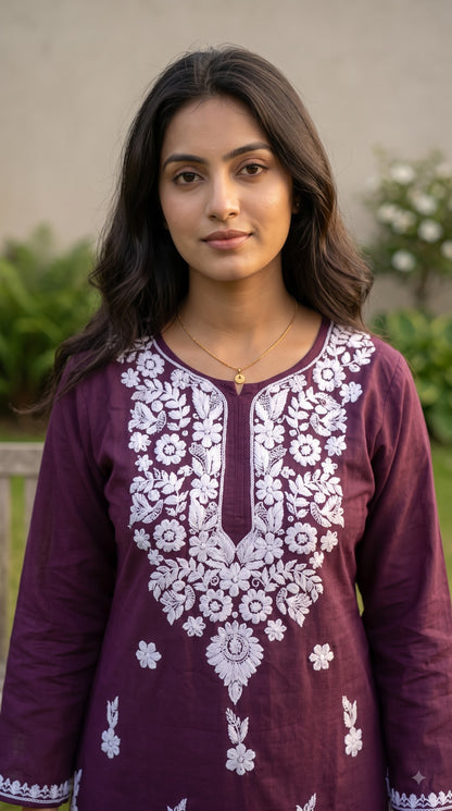 Cotton Chikankari Women's Long kurta - Wine