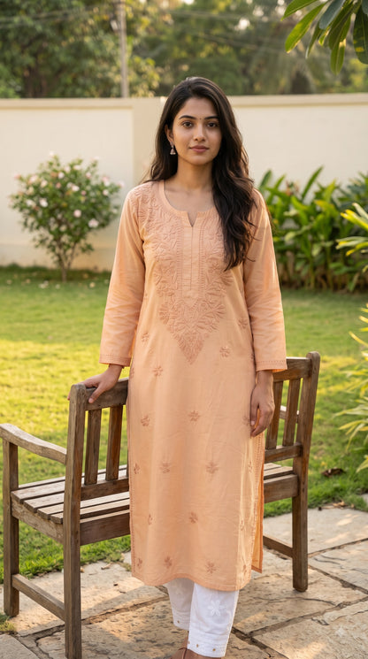 Chanderi Chikankari Solid Women's Long Kurta - Beige