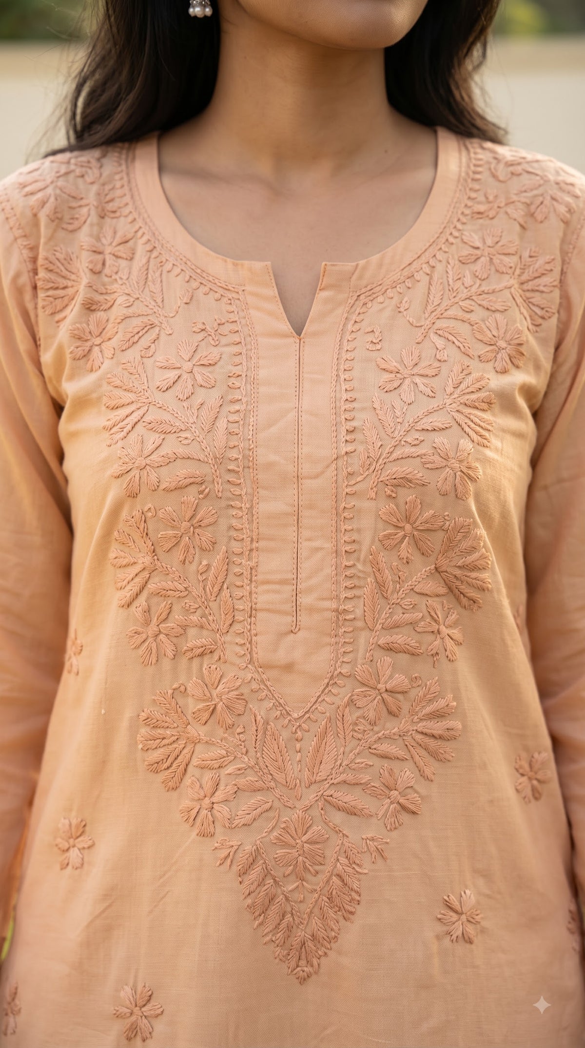 Chanderi Chikankari Solid Women's Long Kurta - Beige