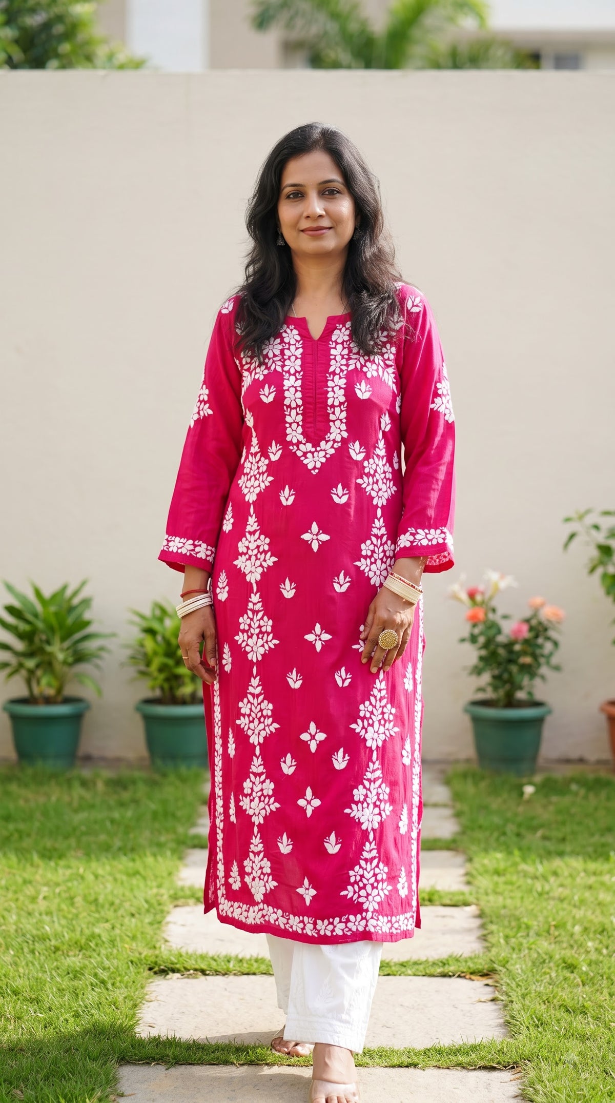 Modal Side Panel Chikankari Women's Long Kurta -fuchsia pink