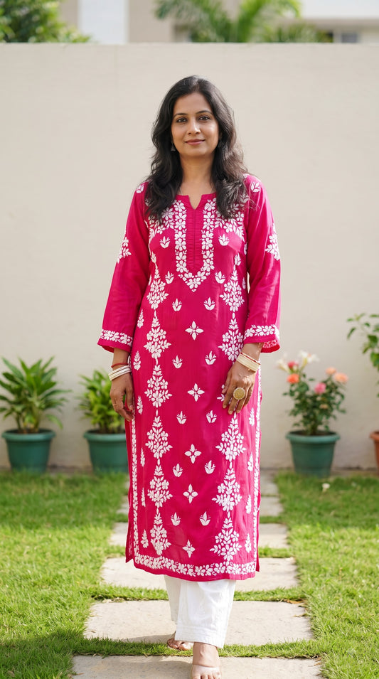 Modal Side Panel Chikankari Women's Long Kurta -fuchsia pink