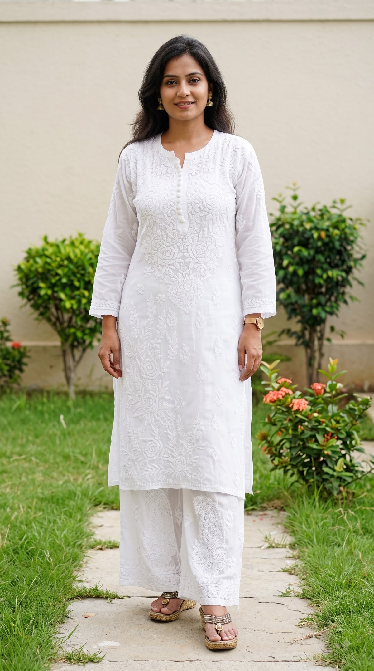 Viscose Chikankari Solid Women's Long Kurta with Inner - White