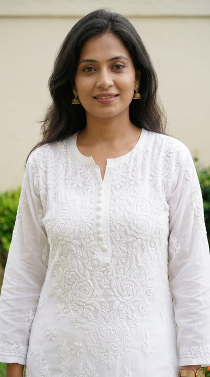 Viscose Chikankari Solid Women's Long Kurta set with Inner - White