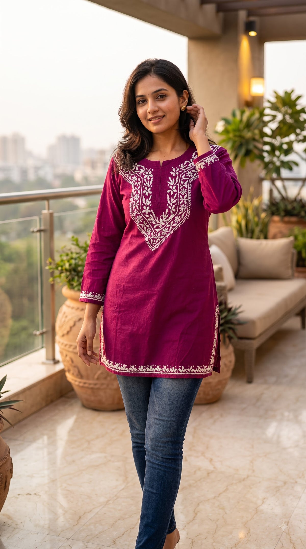 Cotton Chikankari Women's Short Kurta - Wine