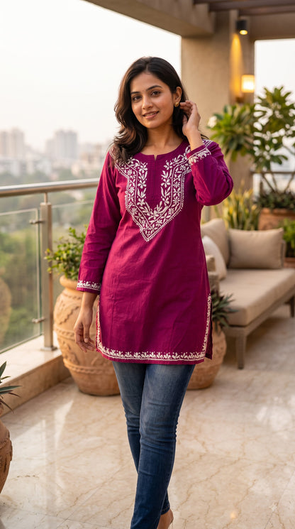 Cotton Chikankari Women's Short Kurta - Wine