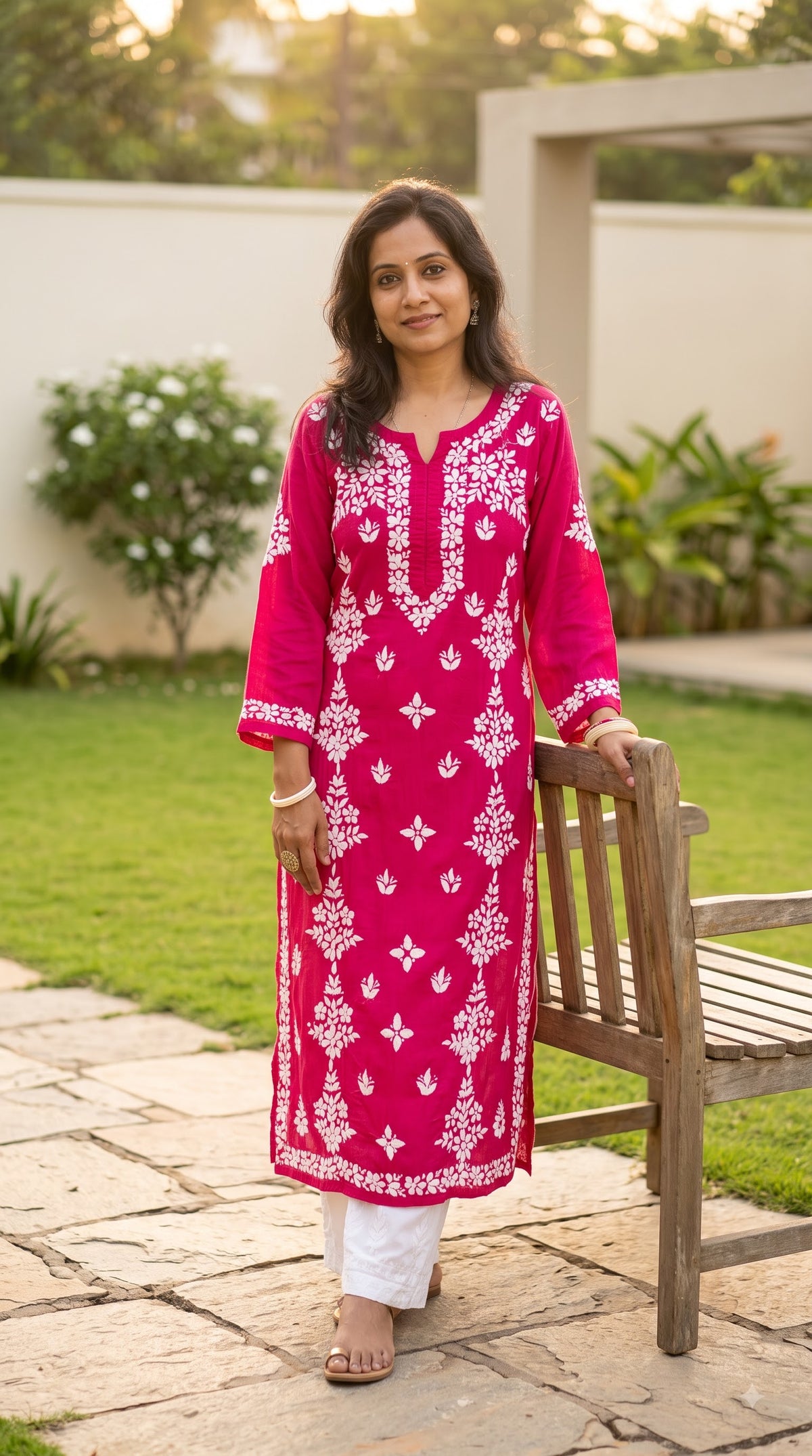 Modal Side Panel Chikankari Women's Long Kurta -fuchsia pink