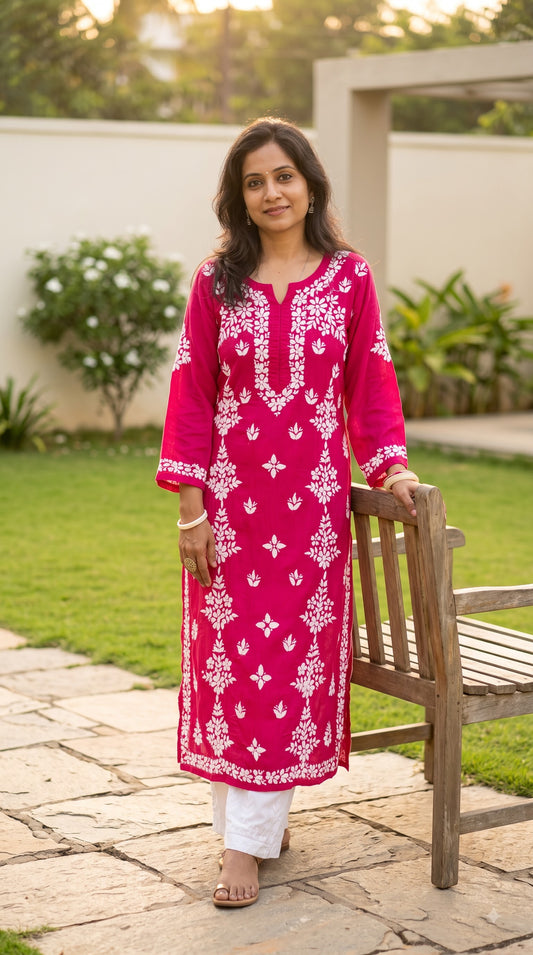 Modal Side Panel Chikankari Women's Long Kurta -fuchsia pink