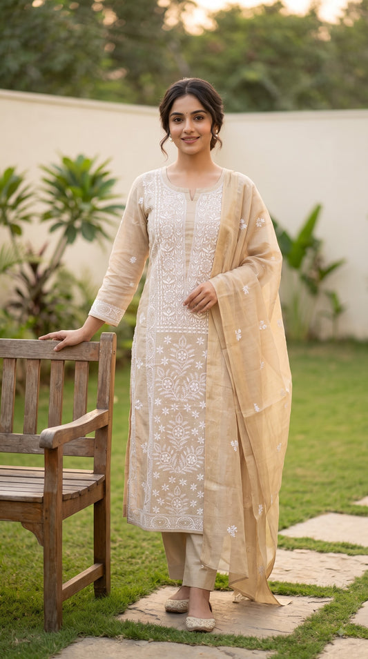 Mul Chanderi Heavy Chikankari Dress Material 2PC