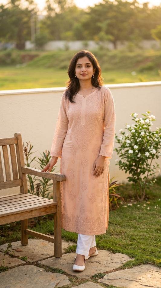Viscose Bakhiya Heavy Chikankari Long Kurta -  ombre brown