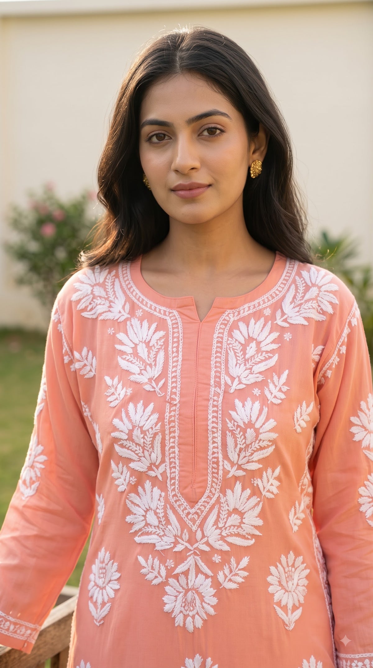 Rayon Chikankari 3D Long Kurta - Peach