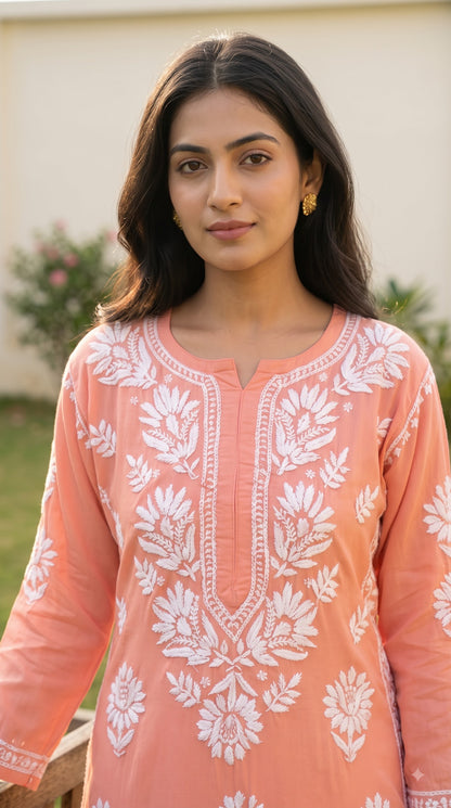 Rayon Chikankari 3D Long Kurta - Peach