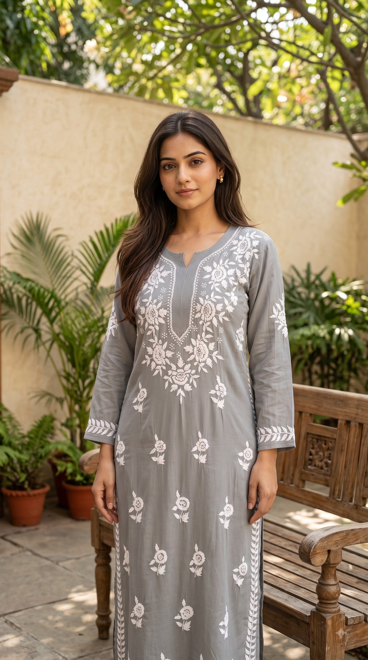 Modal Chikankari Women's Long Kurta - Grey