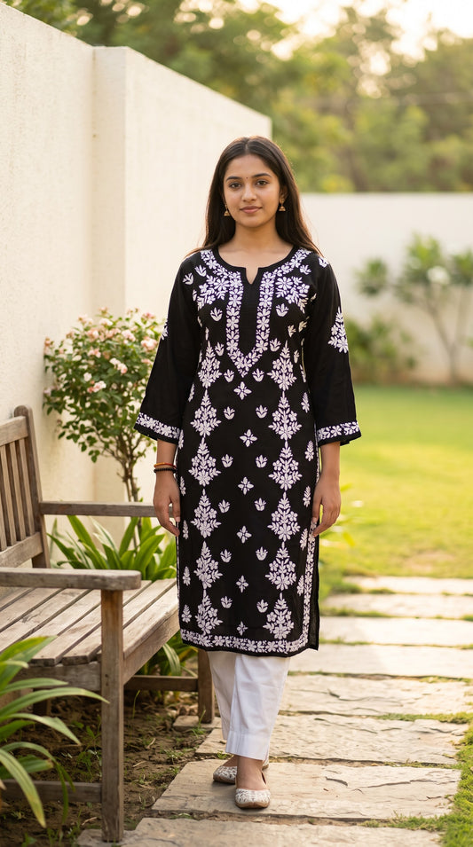 Black Modal Lucknowi Chikankari long kurta for women - front view