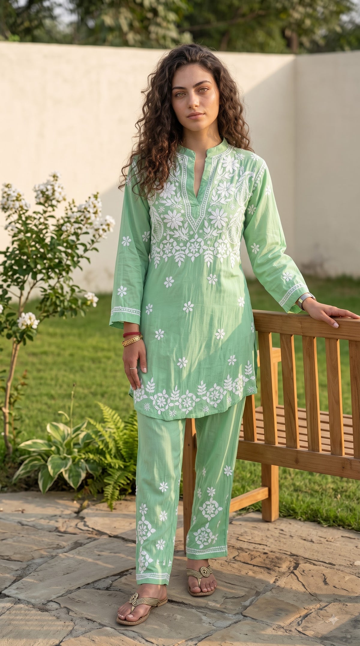 Modal 3D Chikankari Co-ord Set - Green