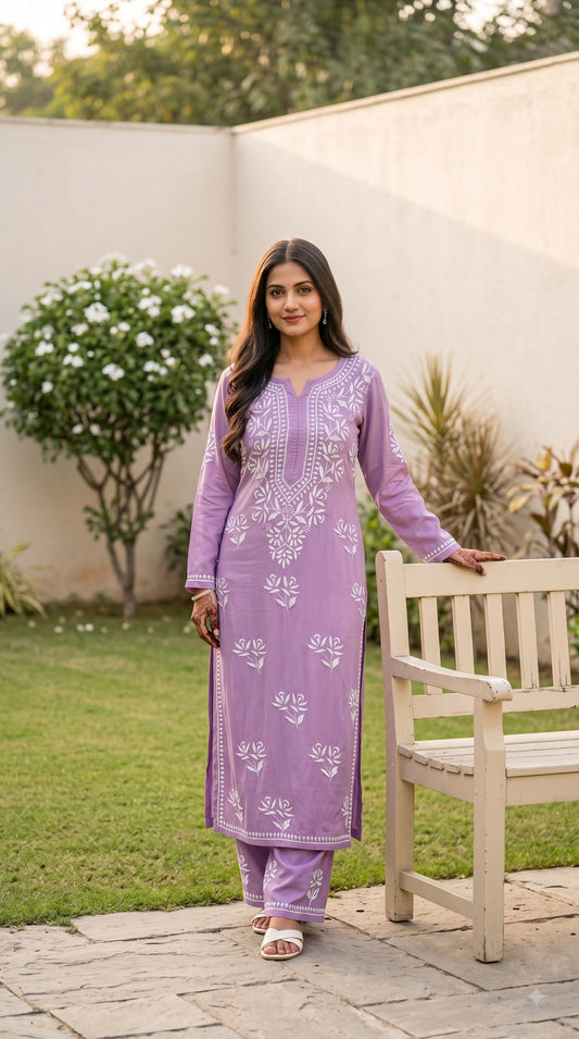 Modal Chikankari Solid Women's 2PC Long Kurta Set- Purple