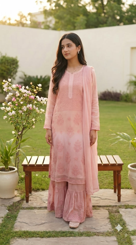 Viscose Bakhiya 4PC Heavy Chikankari Suit Set - Ombre Brown