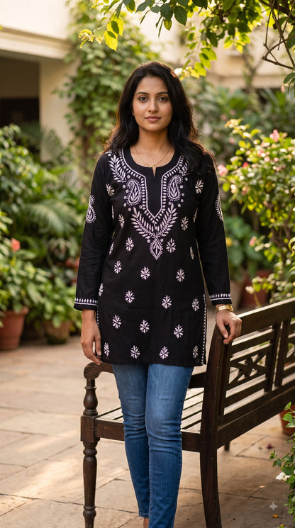 Modal Chikankari Women's Short Kurta - Black