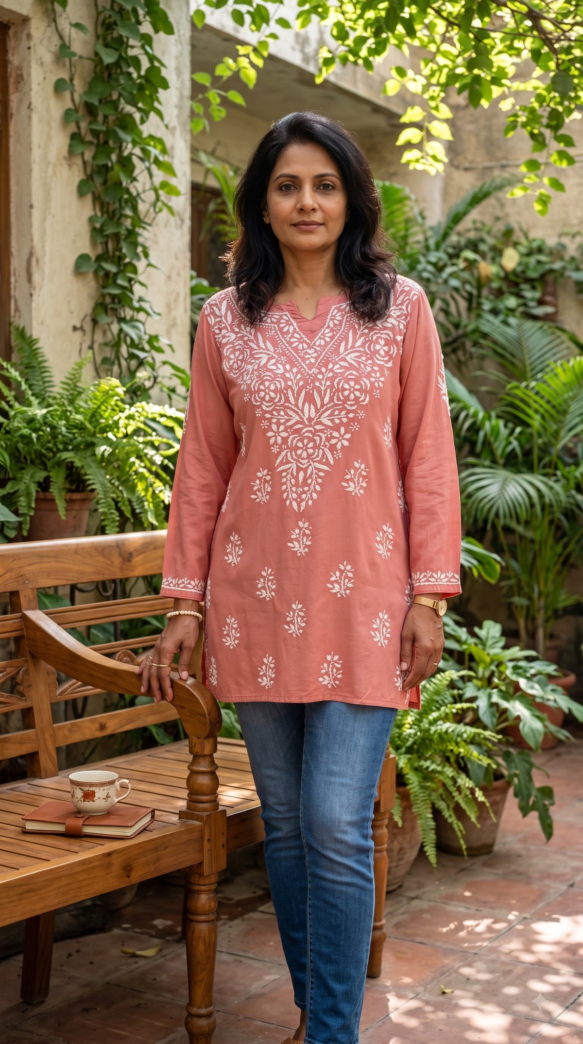 Rayon Chikankari Women's Short Kurta - Peach