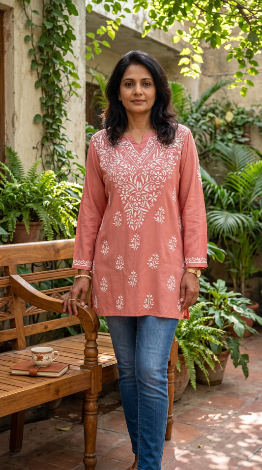 Rayon Chikankari Women's Short Kurta - Peach