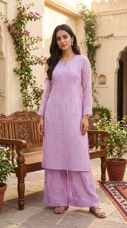 Viscose Chikankari Solid Women's Long Kurta with Inner - lavender