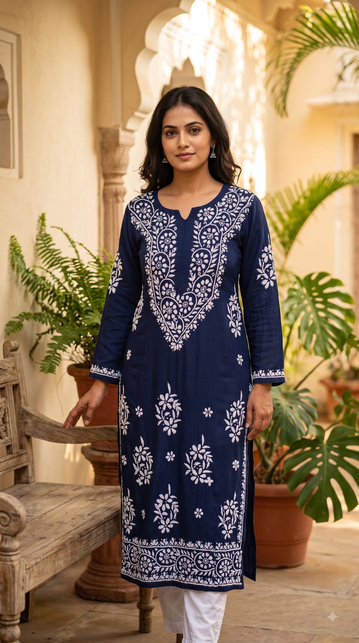 Modal Chikankari Women's Long Kurta - Navi Blue