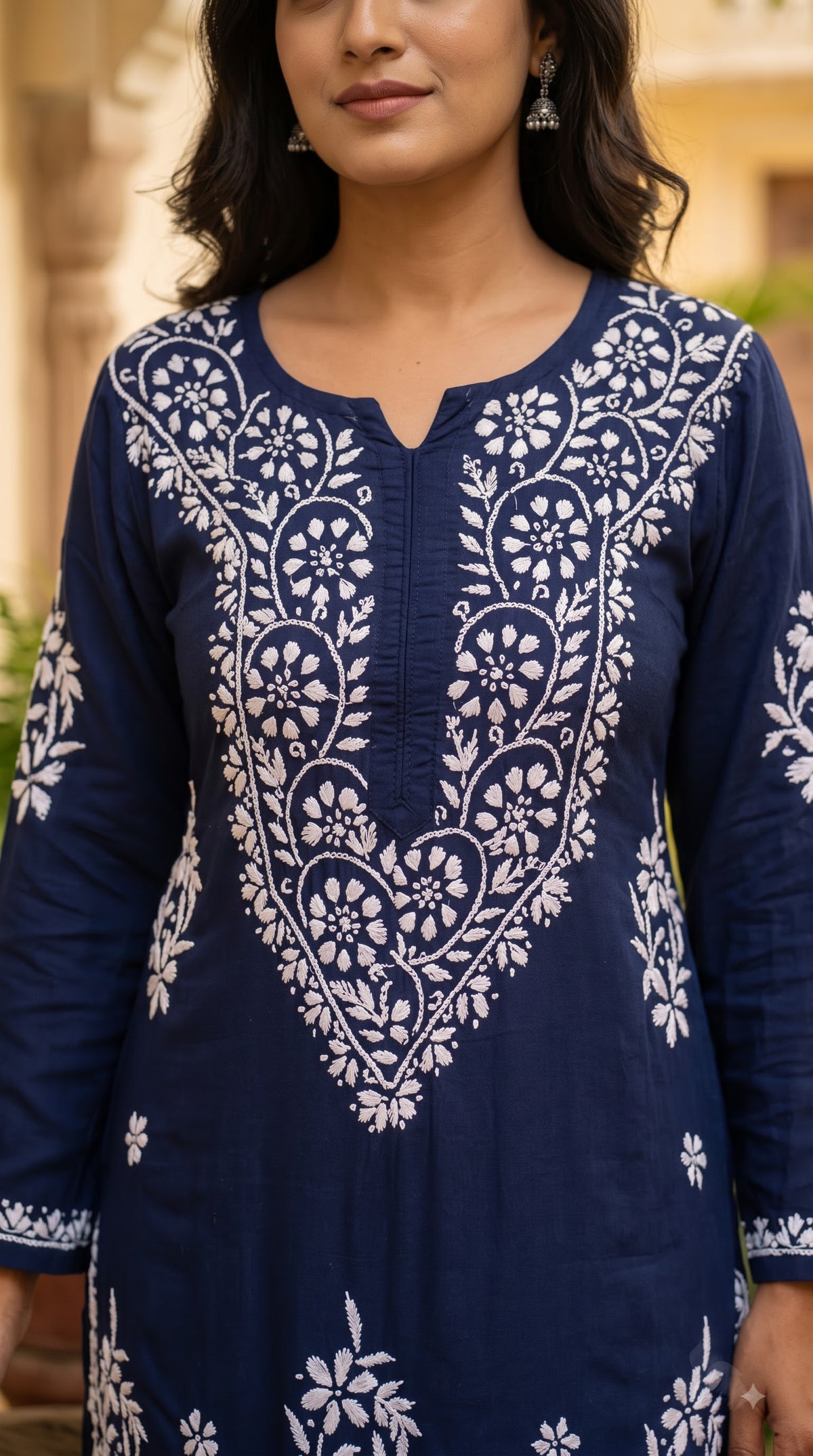 Modal Chikankari Women's Long Kurta - Navi Blue