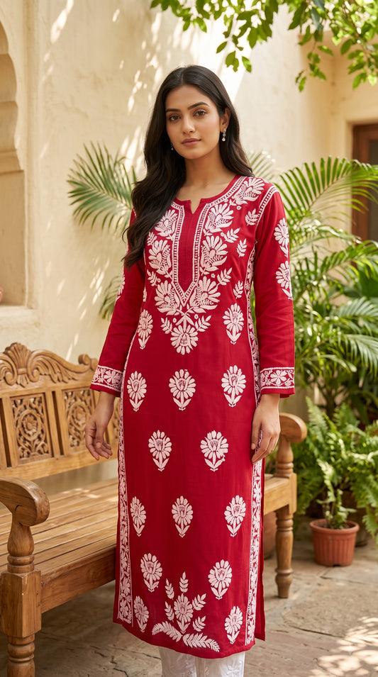 Rayon Chikankari 3D Long Kurta - Red