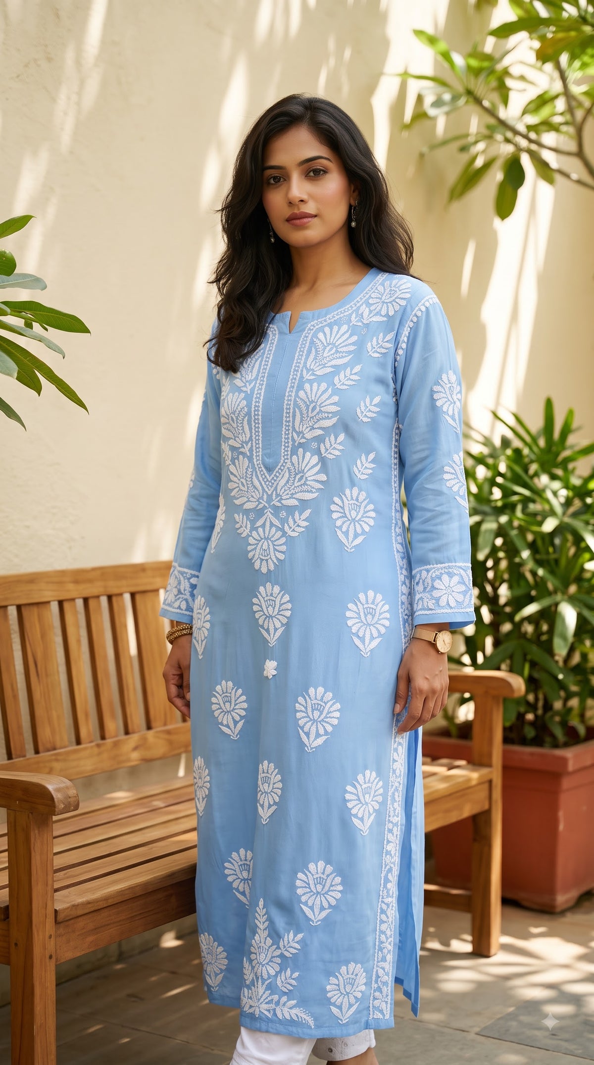 Rayon Chikankari 3D Long Kurta - Blue